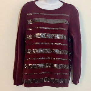 Cotton Sweater Liz Claiborne Wine Color Long Sleeve Round Neck Black Sequins